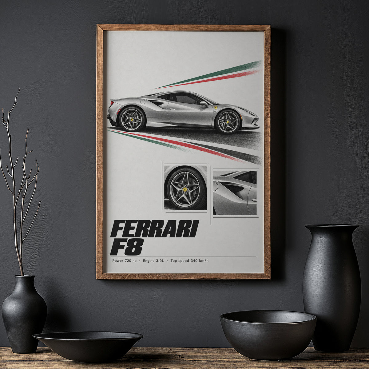 Vintage Ferrari F8 Print, Supercar Wall Art