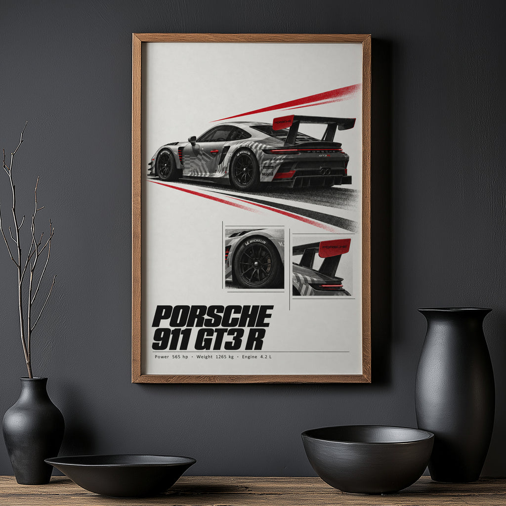Vintage Porsche 911 GT3 R Print, Racing Car Art