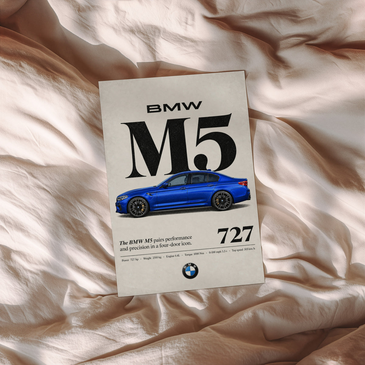 Vintage BMW M5 Print, Blue Sedan Car Wall Art