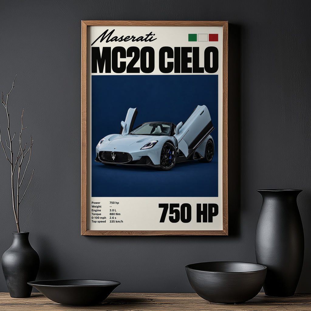 Vintage Maserati MC20 Cielo Print, Car Wall Art