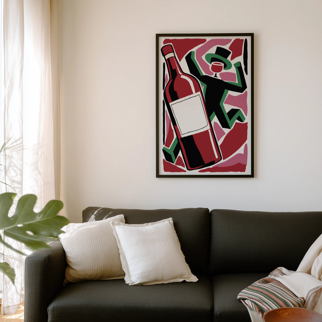 Vintage Wine Print Poster, Red Wine Bottle Wall Art