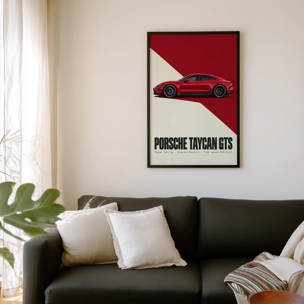 Vintage Porsche Taycan GTS Print, Car Poster, Red Wall Art