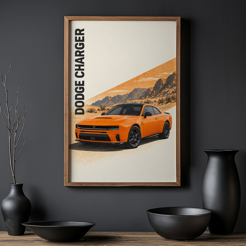 Vintage Dodge Charger Print, Orange Muscle Car Art