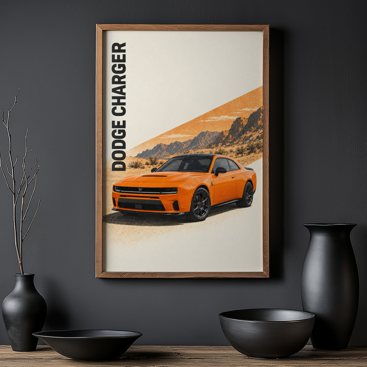 Vintage Dodge Charger Print, Orange Muscle Car Art