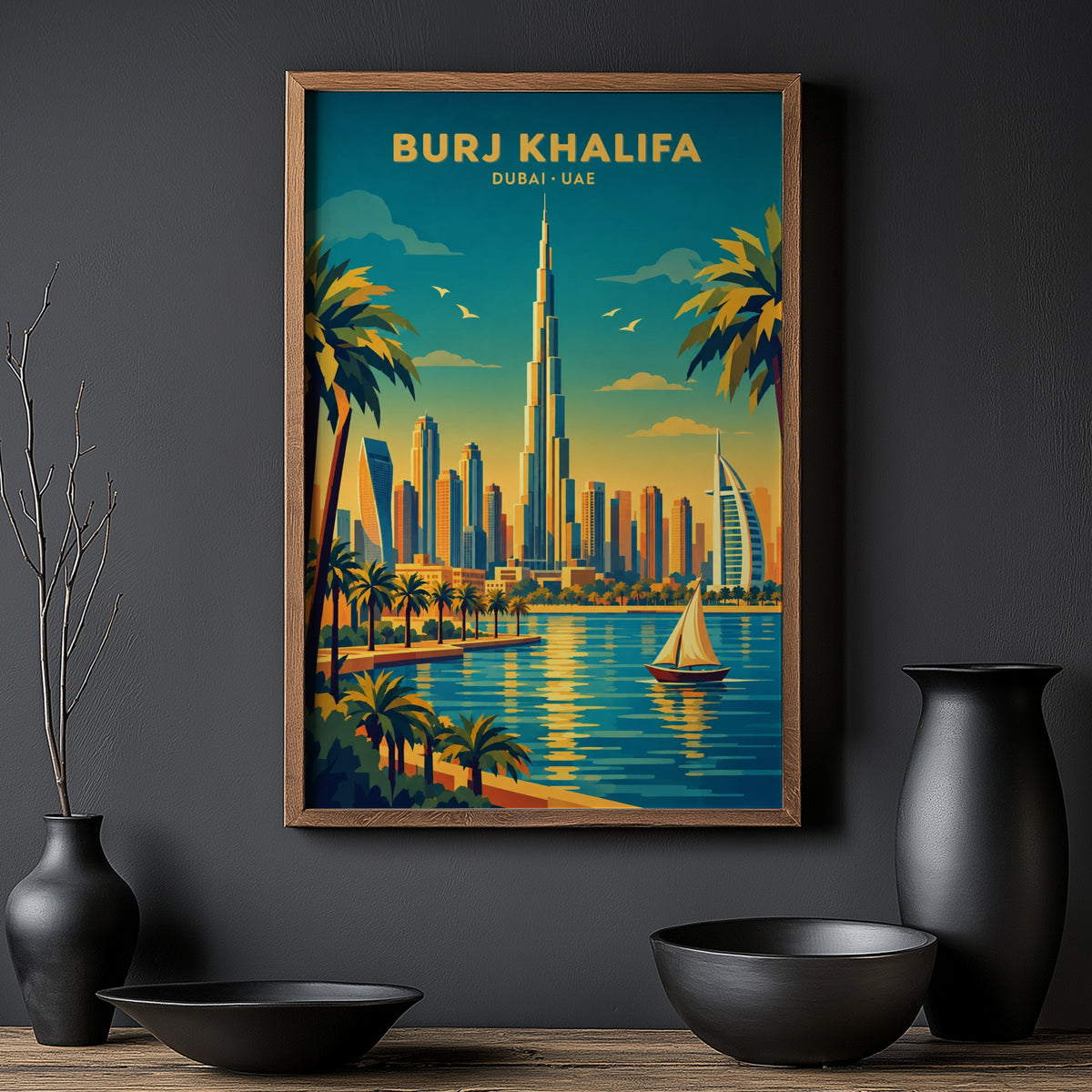 Vintage Dubai Poster, Burj Khalifa Wall Art, UAE Print