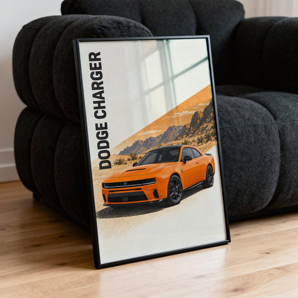 Vintage Dodge Charger Print, Orange Muscle Car Art