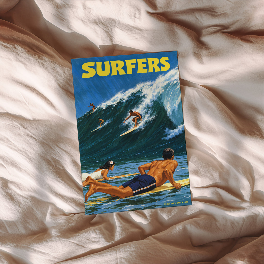 Vintage Surf Print Poster, Longboard Surfers Wave Art