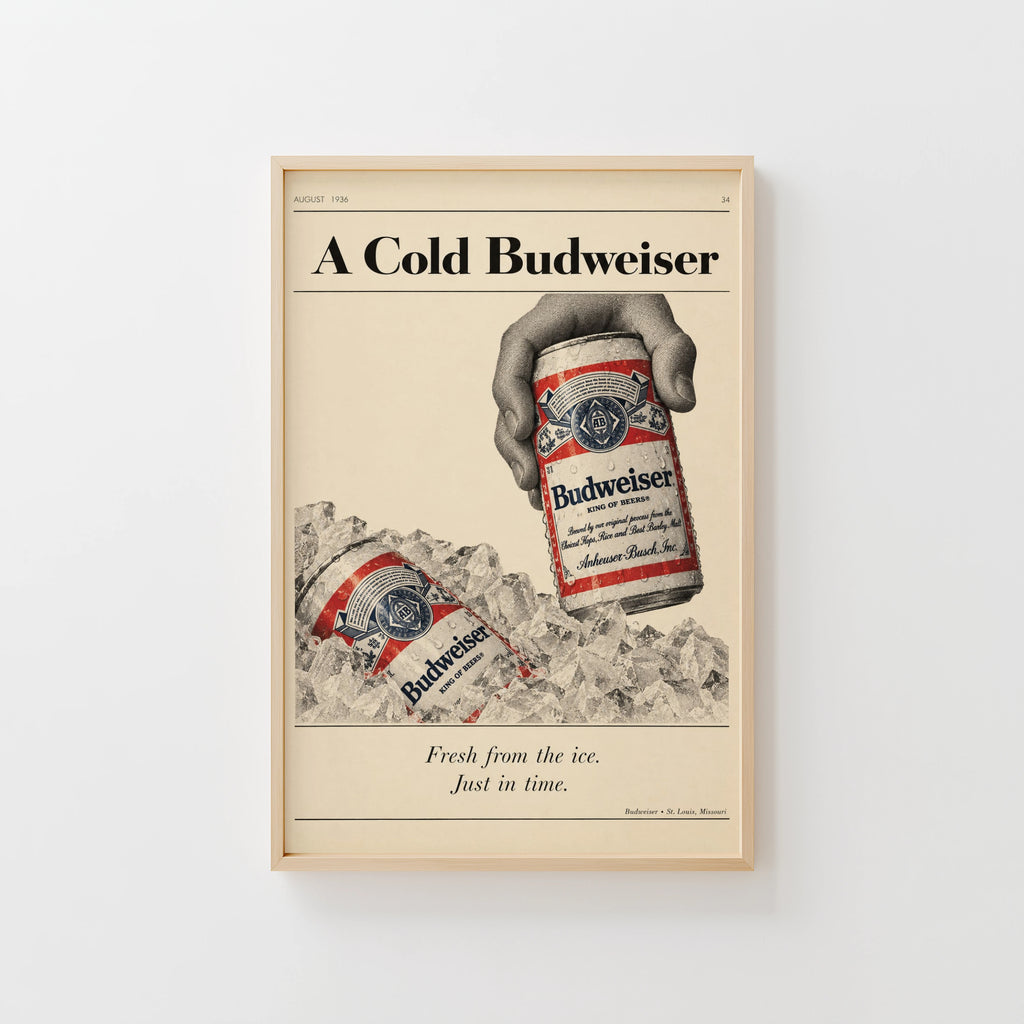 Vintage Budweiser Beer Print, Cold Ice Poster Wall Art