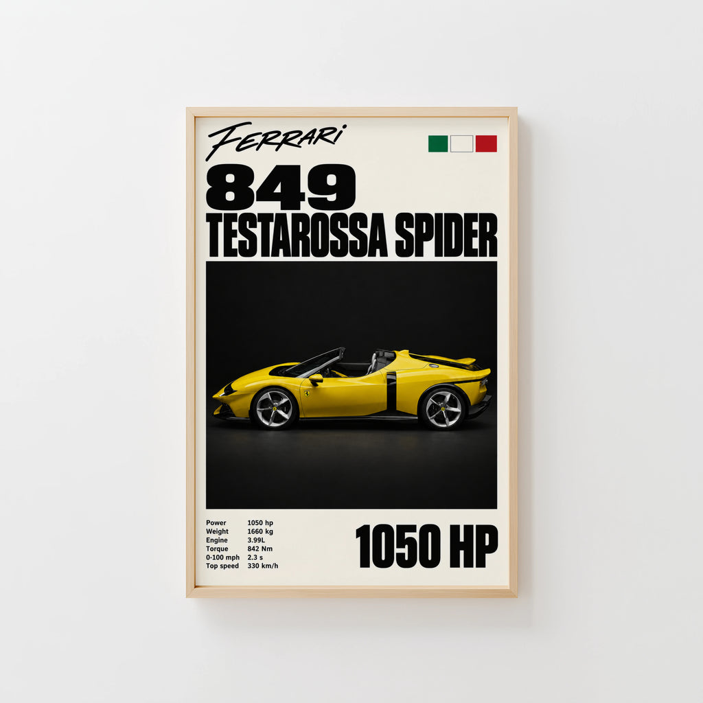 Vintage Ferrari Print, Yellow Supercar Wall Art