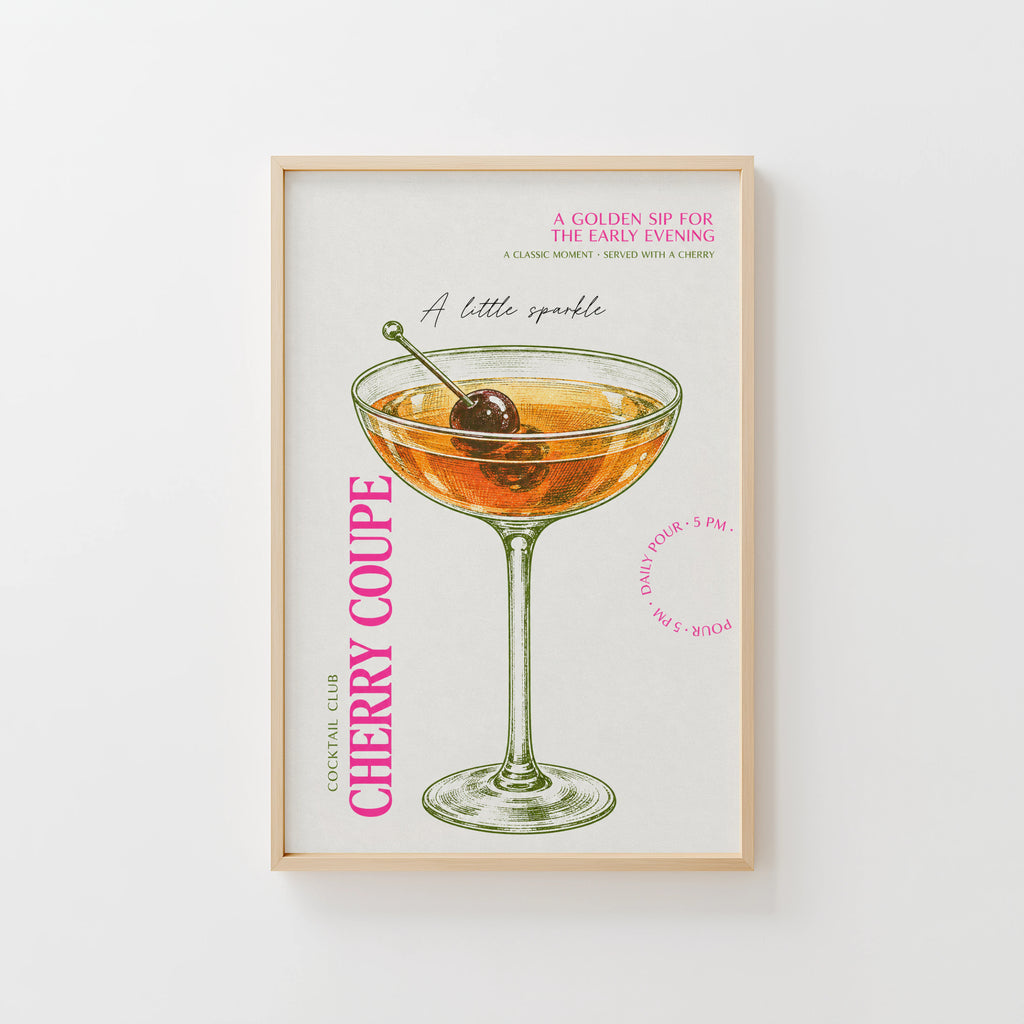 Vintage Cherry Coupe Cocktail Print Poster, Bar Wall Art