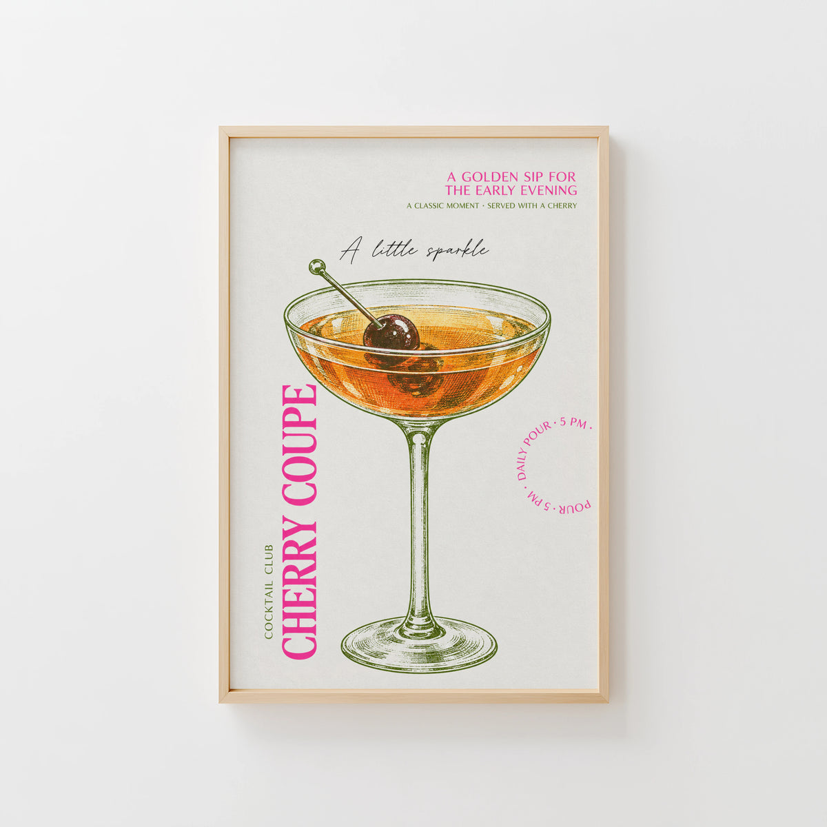 Vintage Cherry Coupe Cocktail Print Poster, Bar Wall Art