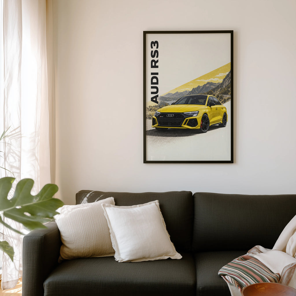 Vintage Audi RS3 Print, Yellow Car Wall Art