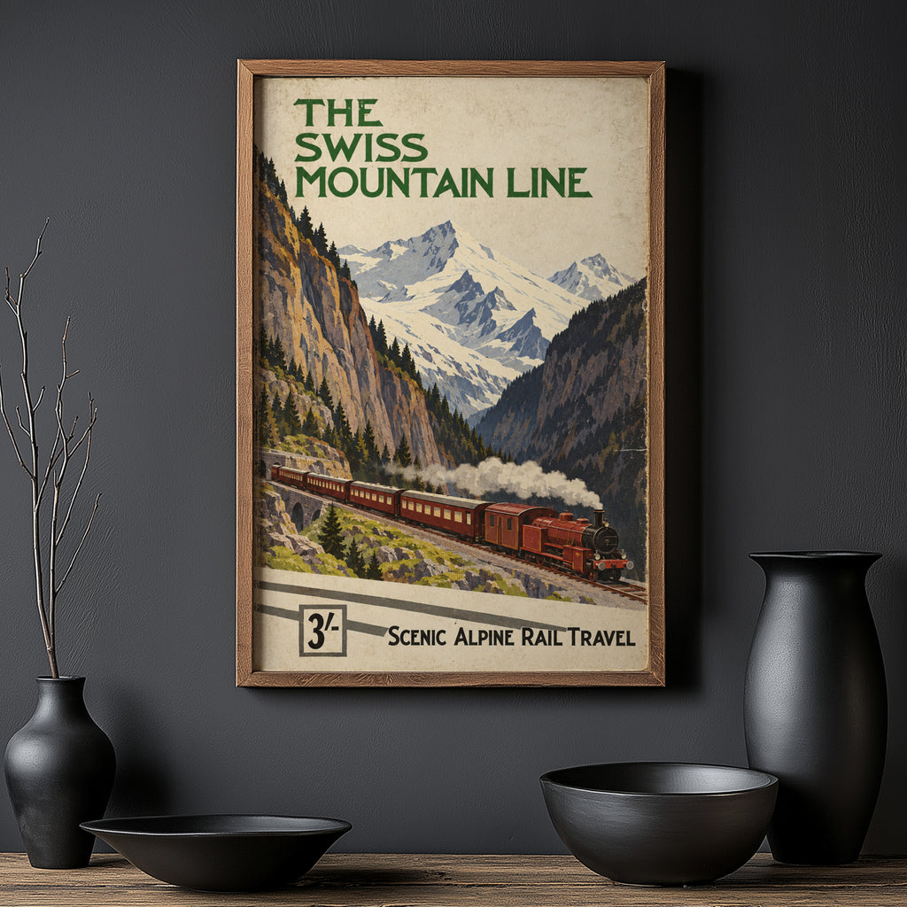 Vintage Swiss Mountain Line Print Poster, Alpine Train