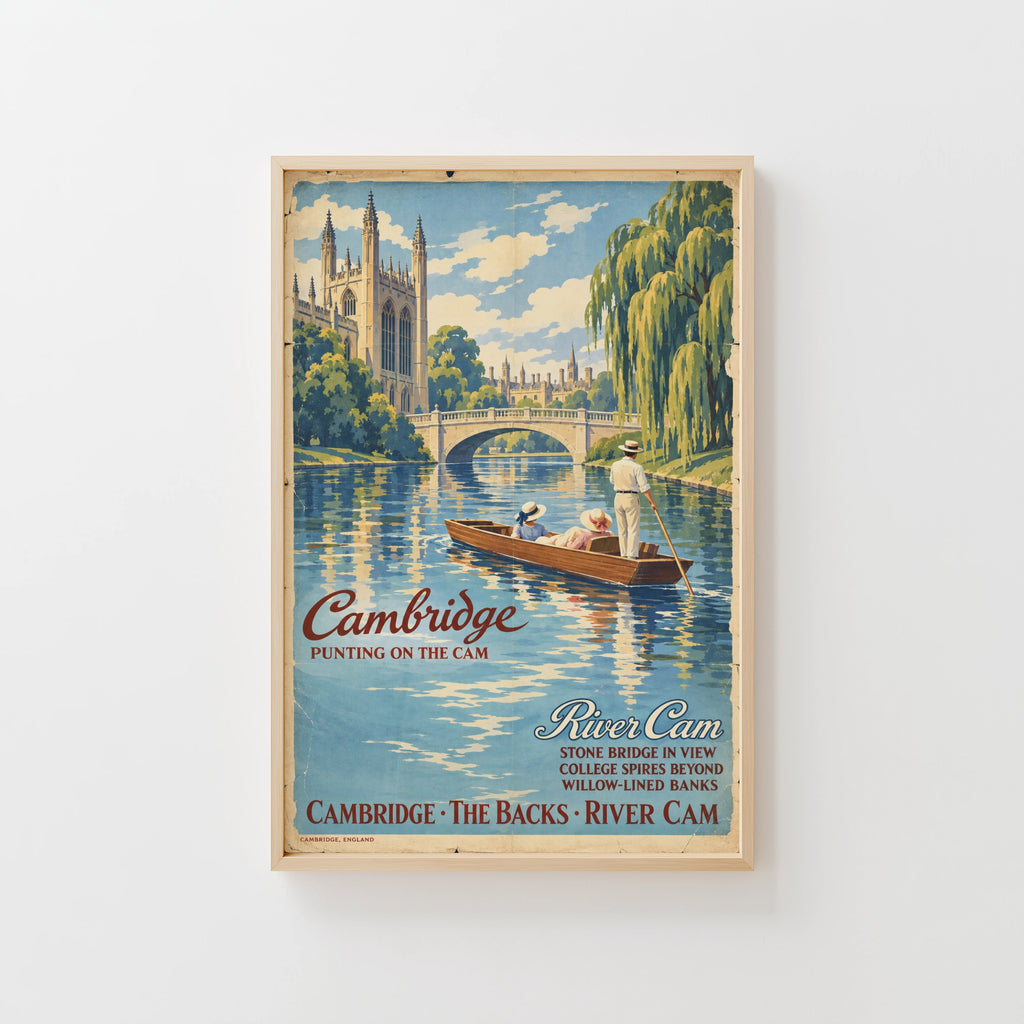 Vintage Cambridge Punting Poster, River Cam Wall Art Print