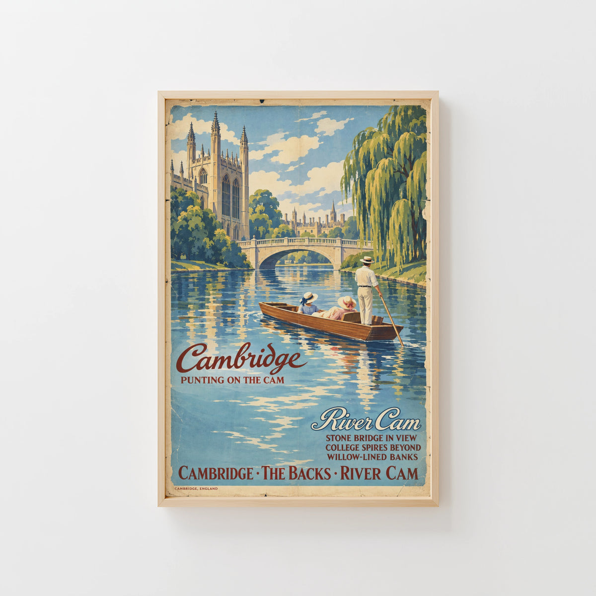 Vintage Cambridge Punting Poster, River Cam Wall Art Print