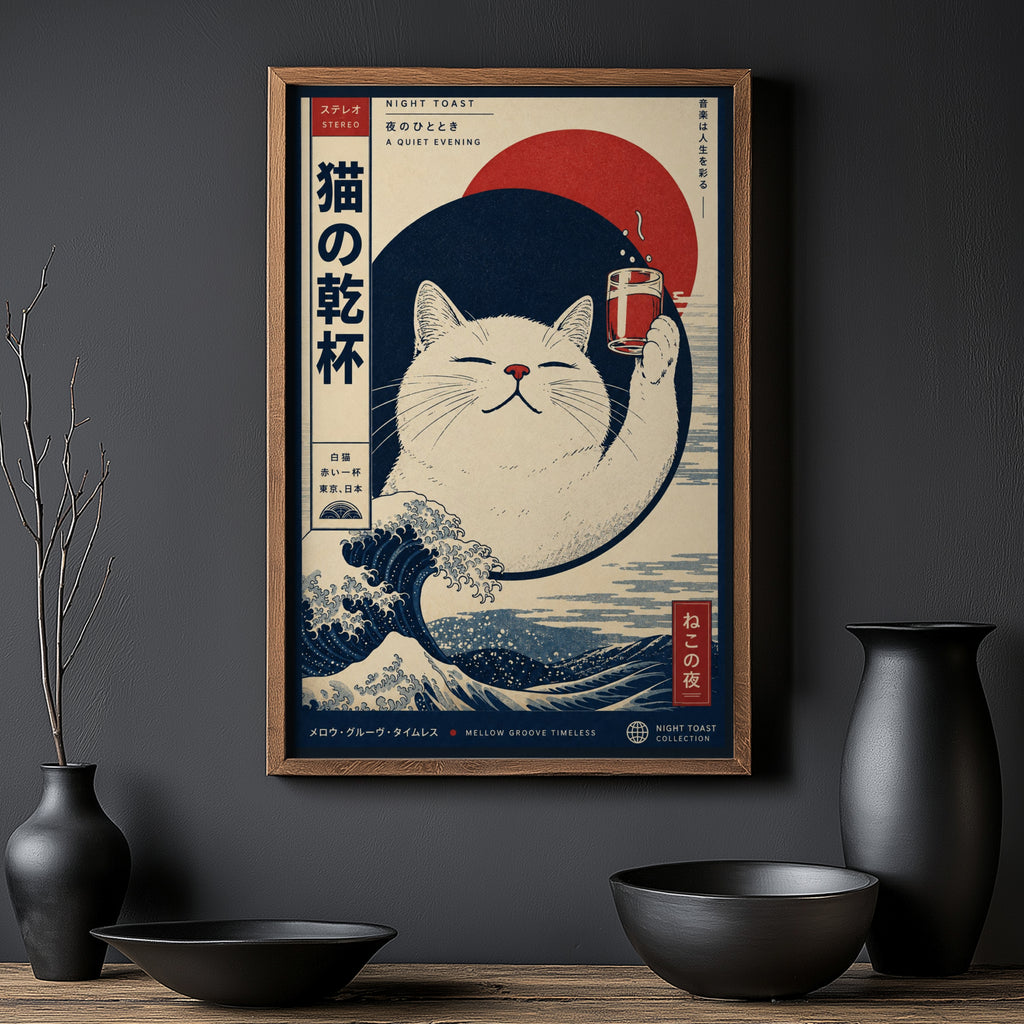 Vintage Japanese Cat Print, Great Wave Poster Wall Art