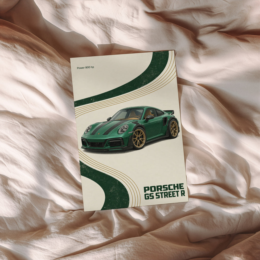 Vintage Porsche GS Street R Print, Green Car Art