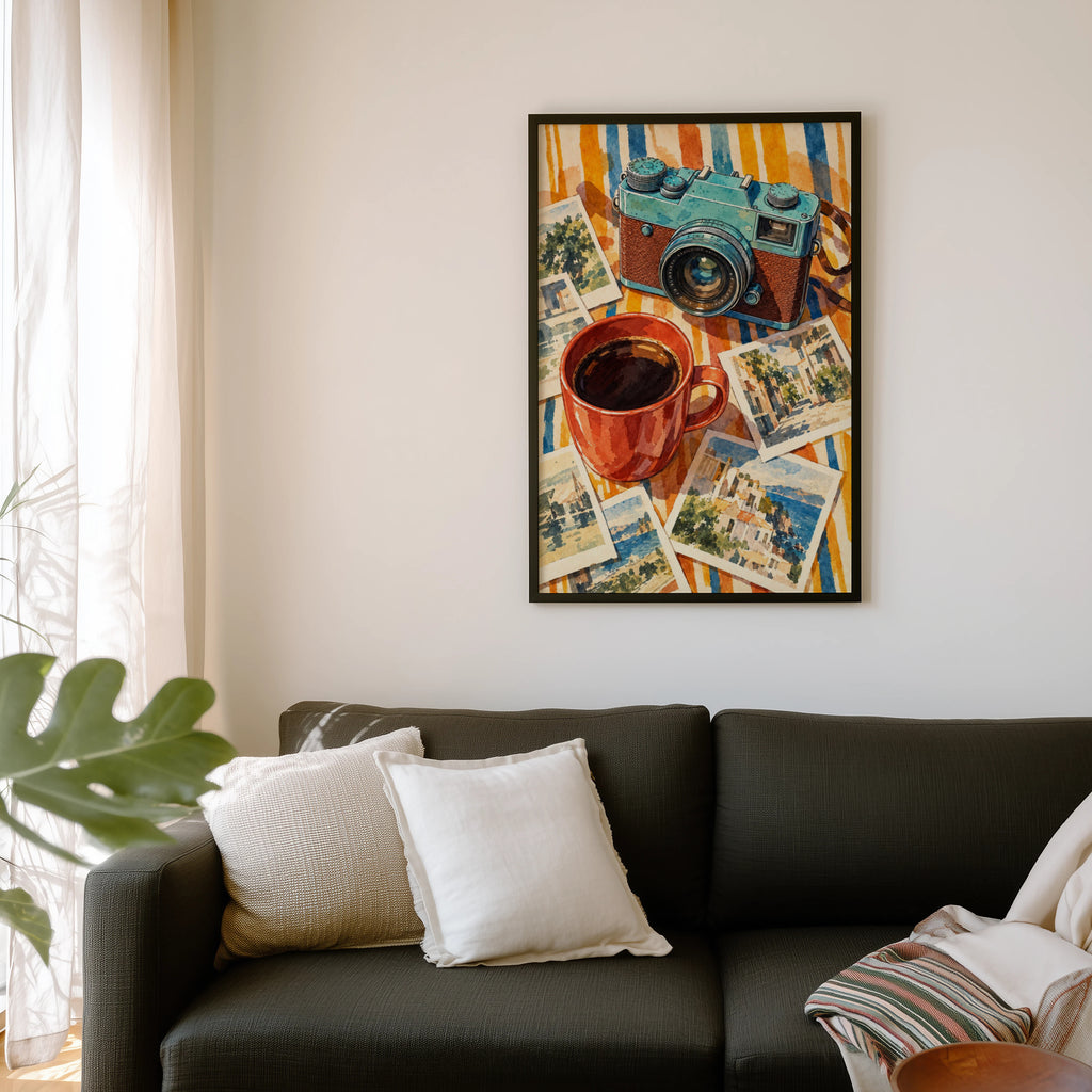 Vintage Coffee Print Poster, Retro Camera Wall Art