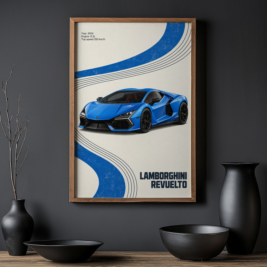 Vintage Lamborghini Revuelto Print, Supercar Art