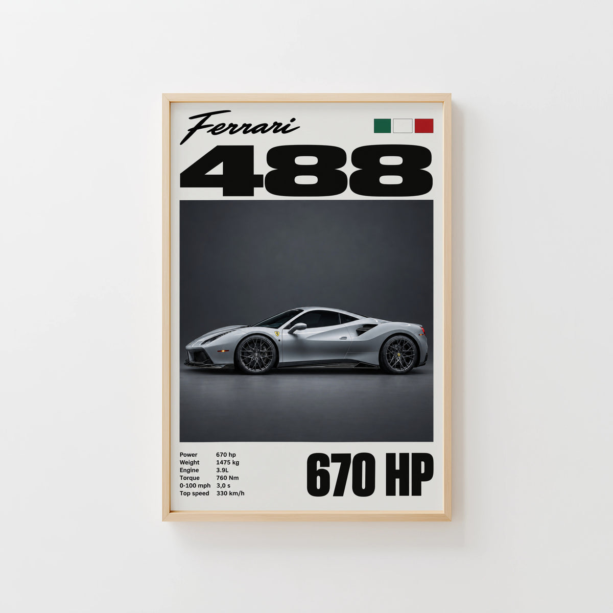 Vintage Ferrari 488 Print, Supercar Wall Art