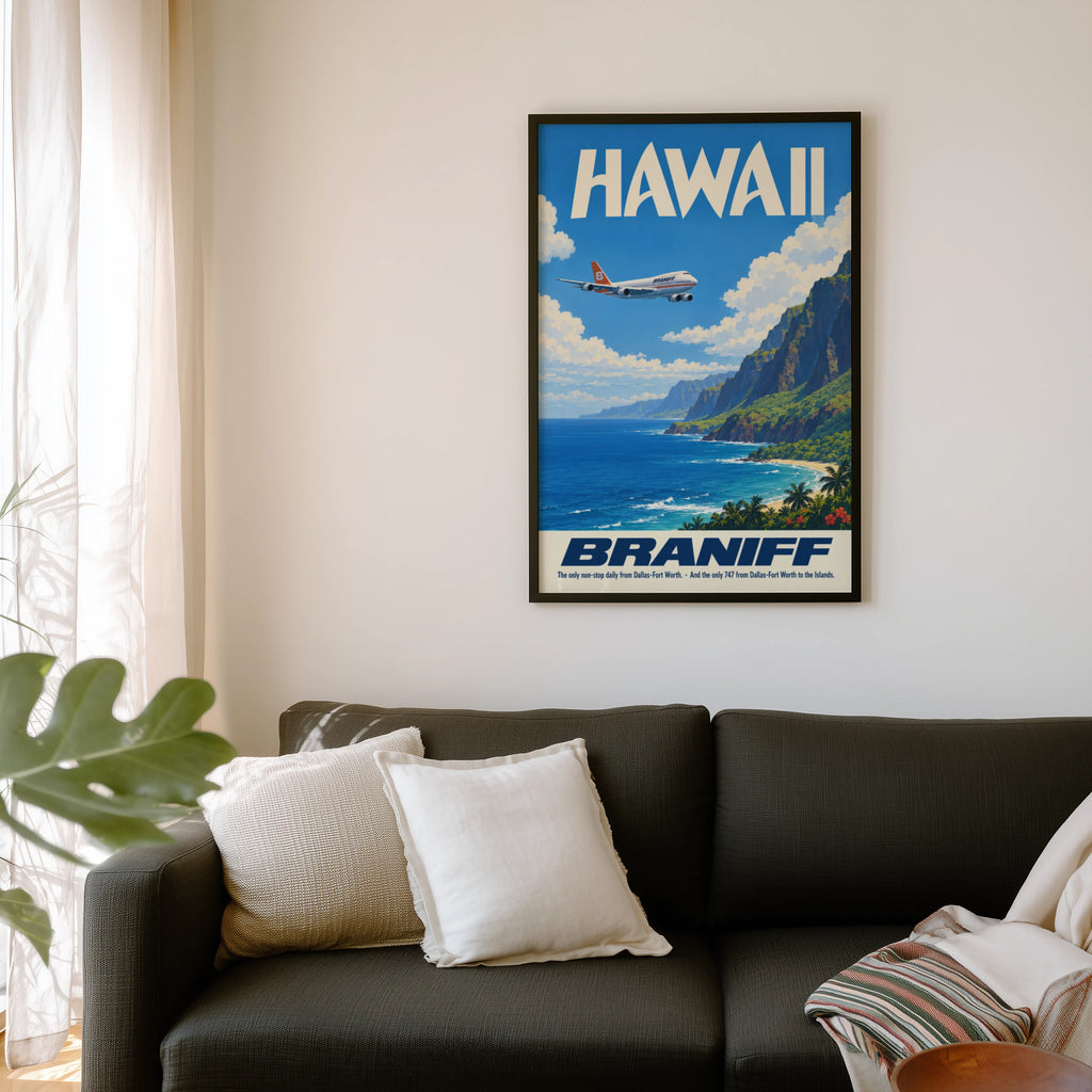 Vintage Hawaii Poster, Braniff 747 Wall Art, Airline Print