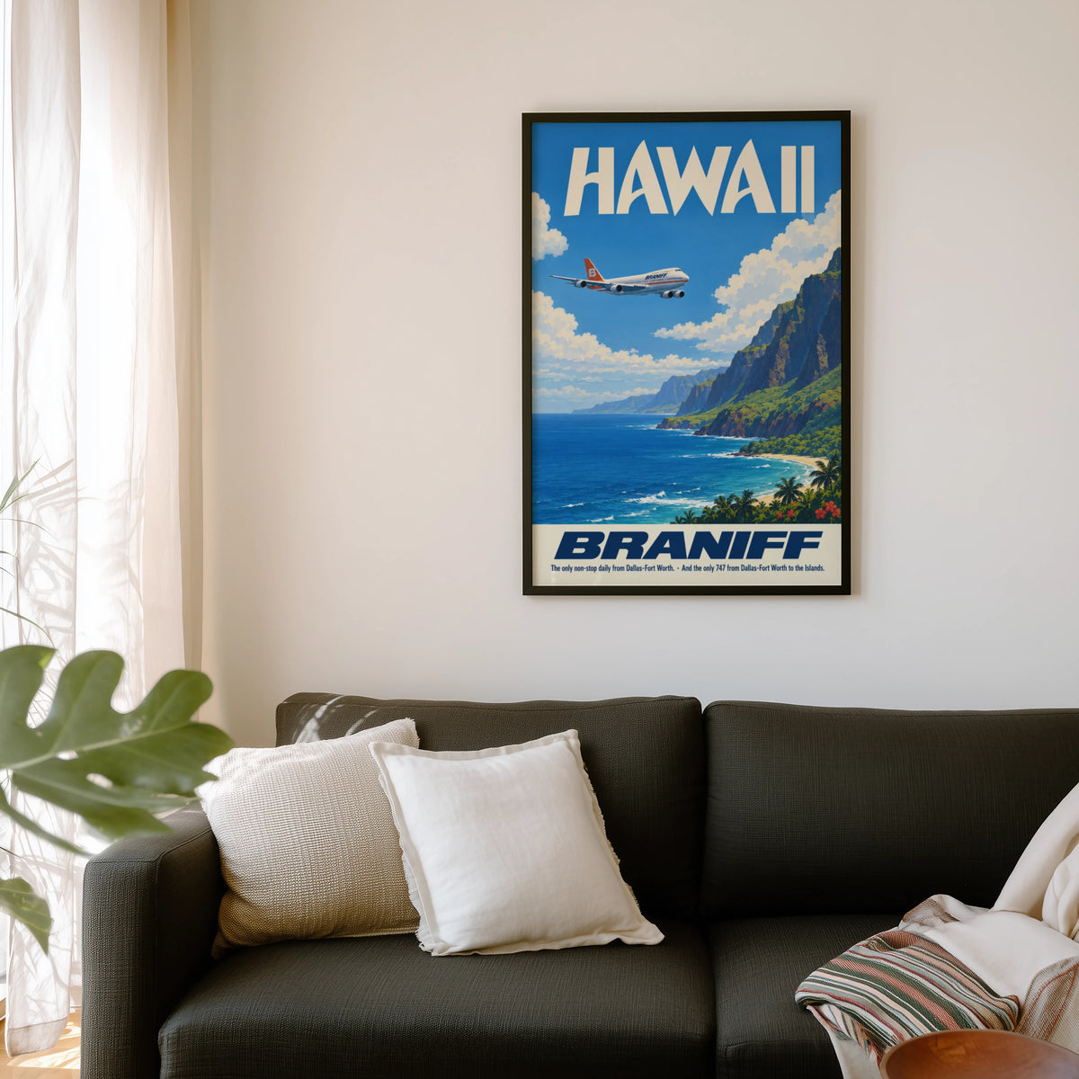 Vintage Hawaii Poster, Braniff 747 Wall Art, Airline Print
