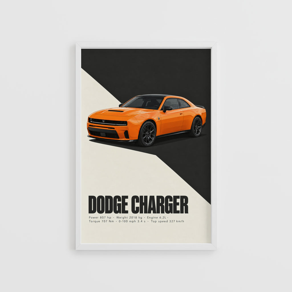 Vintage Dodge Charger Print, Orange Muscle Car Art