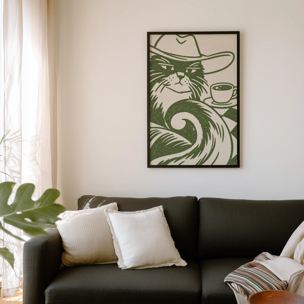 Vintage Cowboy Cat Coffee Print Poster, Green Wall Art