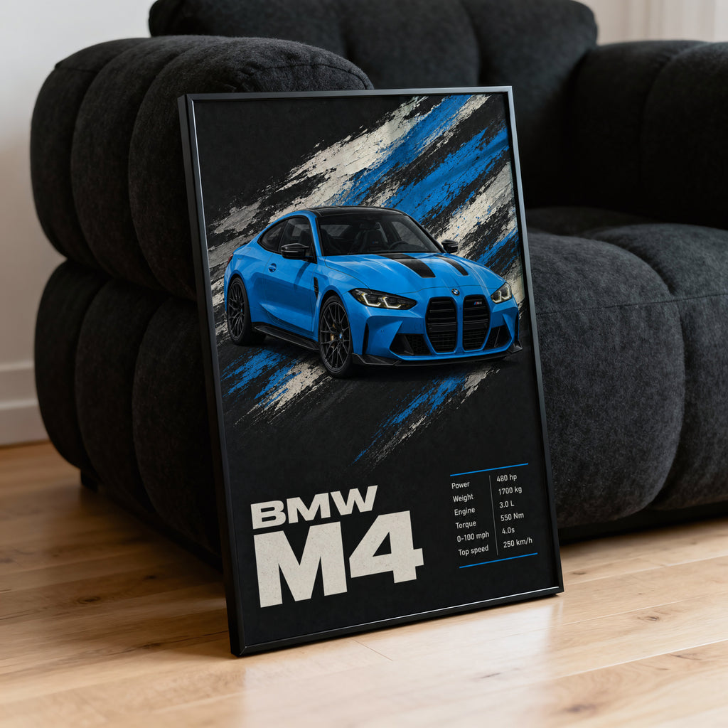 Vintage BMW M4 Print, Blue Car Wall Art