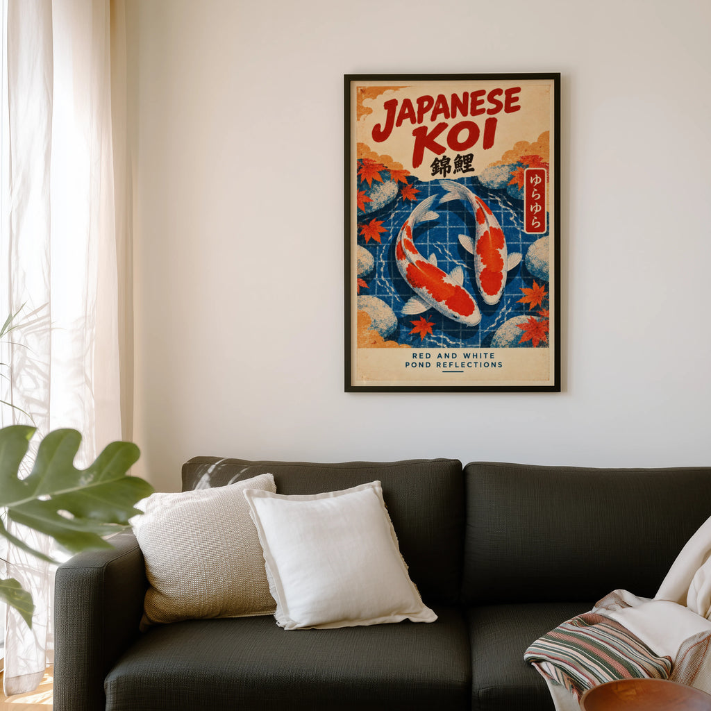 Vintage Japanese Koi Print, Koi Fish Poster, Maple Leaves