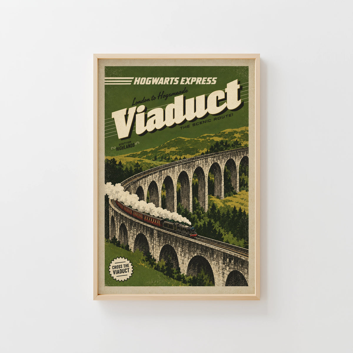 Vintage Viaduct Print Poster, Scottish Highlands Train