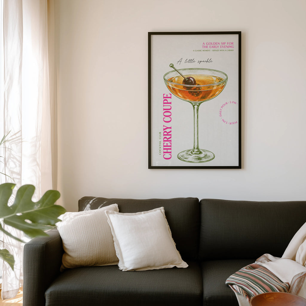 Vintage Cherry Coupe Cocktail Print Poster, Bar Wall Art
