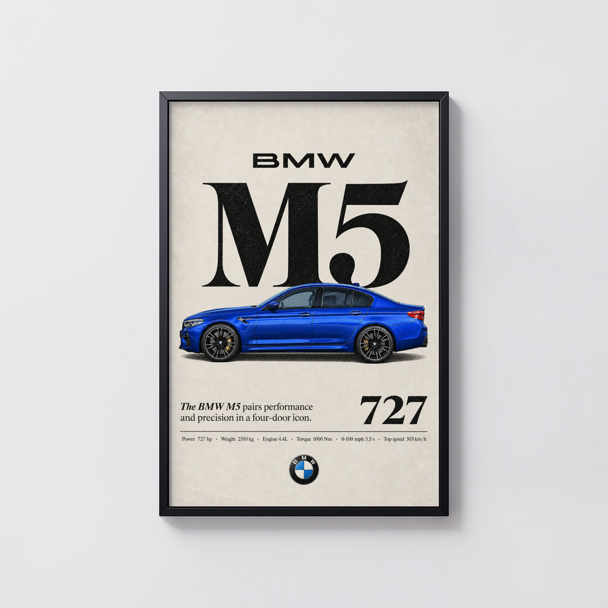 Vintage BMW M5 Print, Blue Sedan Car Wall Art