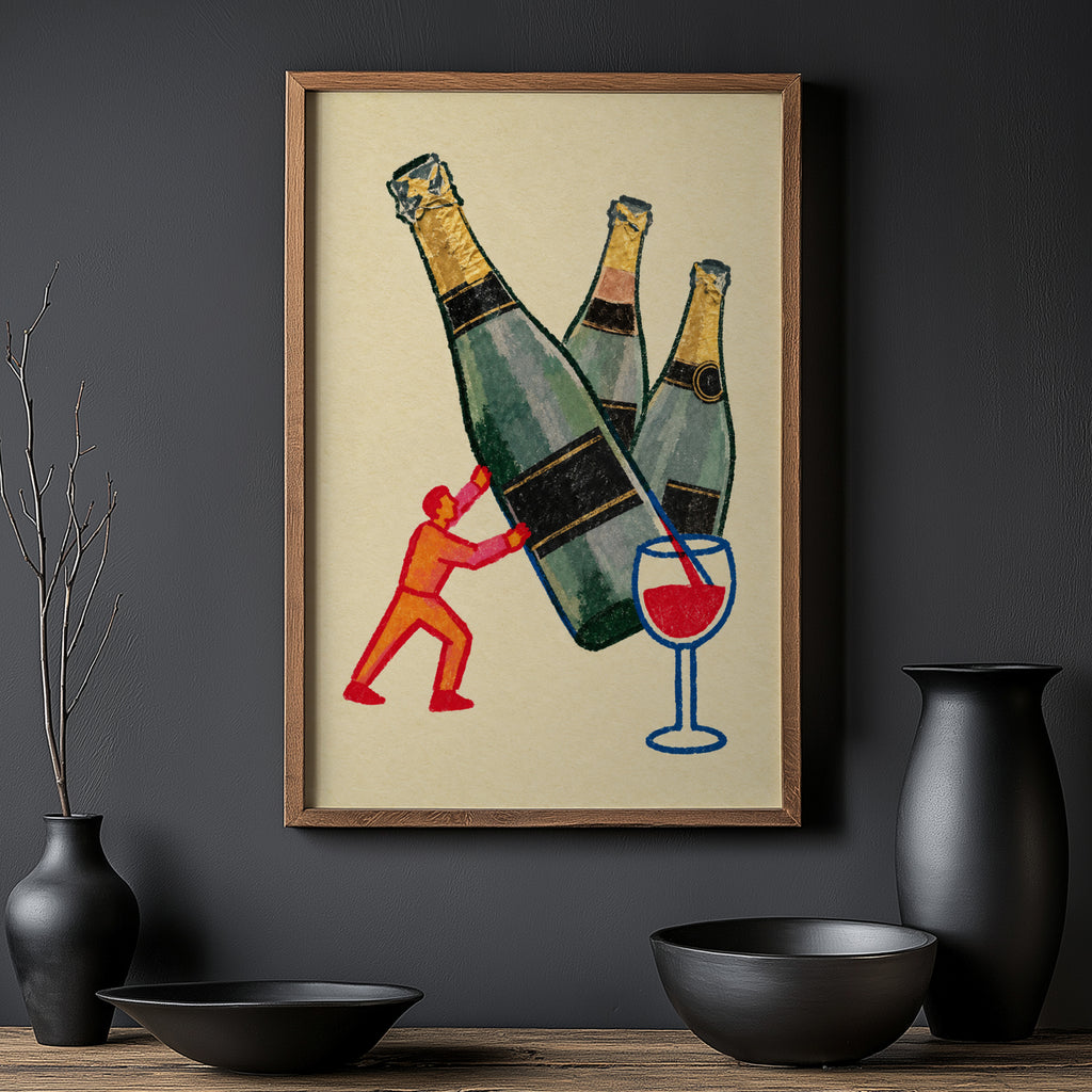 Vintage Champagne Bottles Print Poster, Wine Wall Art