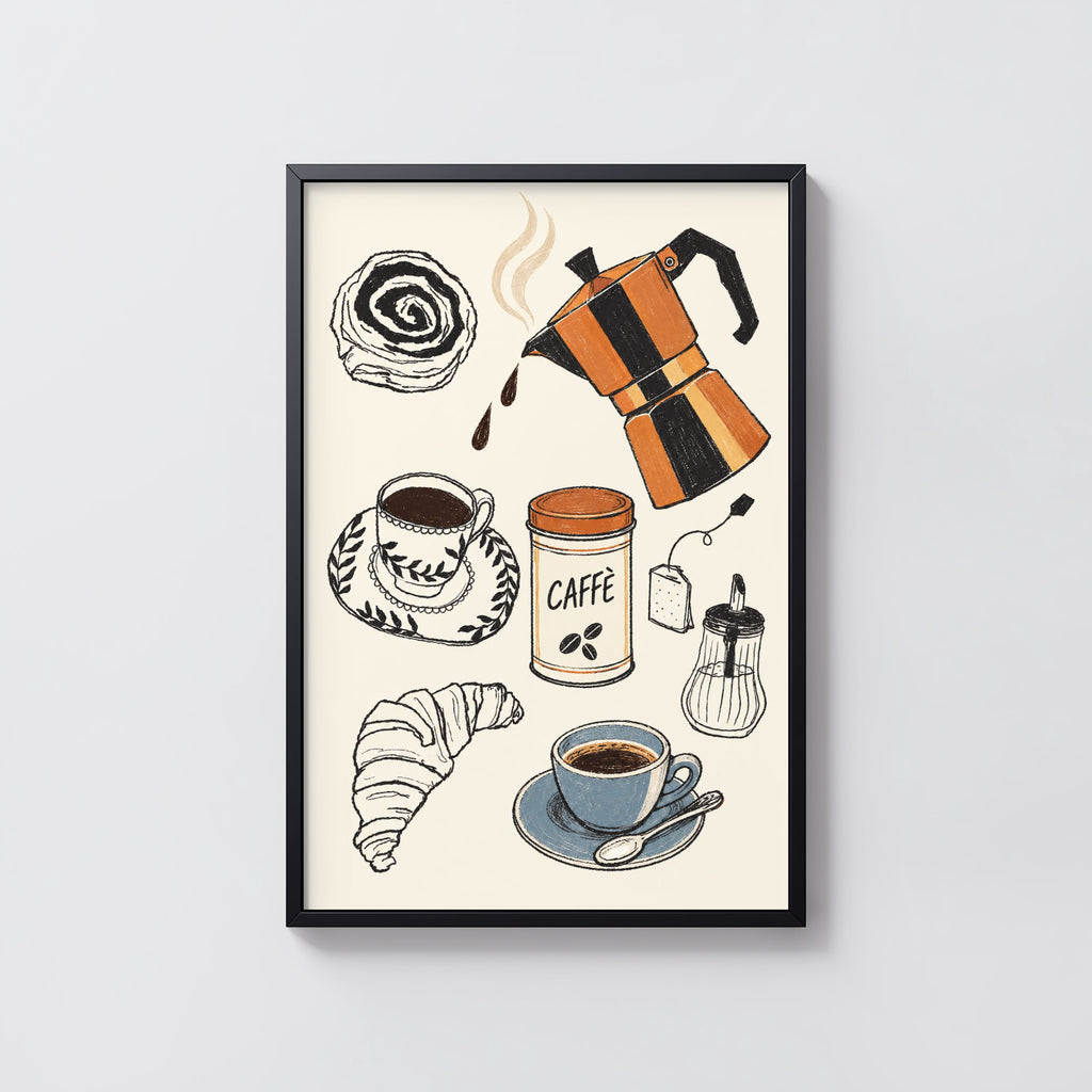 Vintage Coffee Poster, Moka Pot Print, Kitchen Wall Art