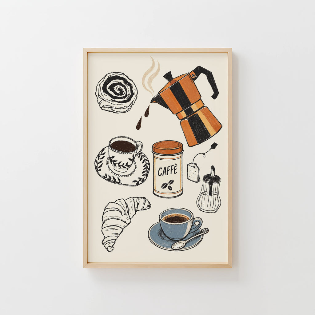 Vintage Coffee Poster, Moka Pot Print, Kitchen Wall Art