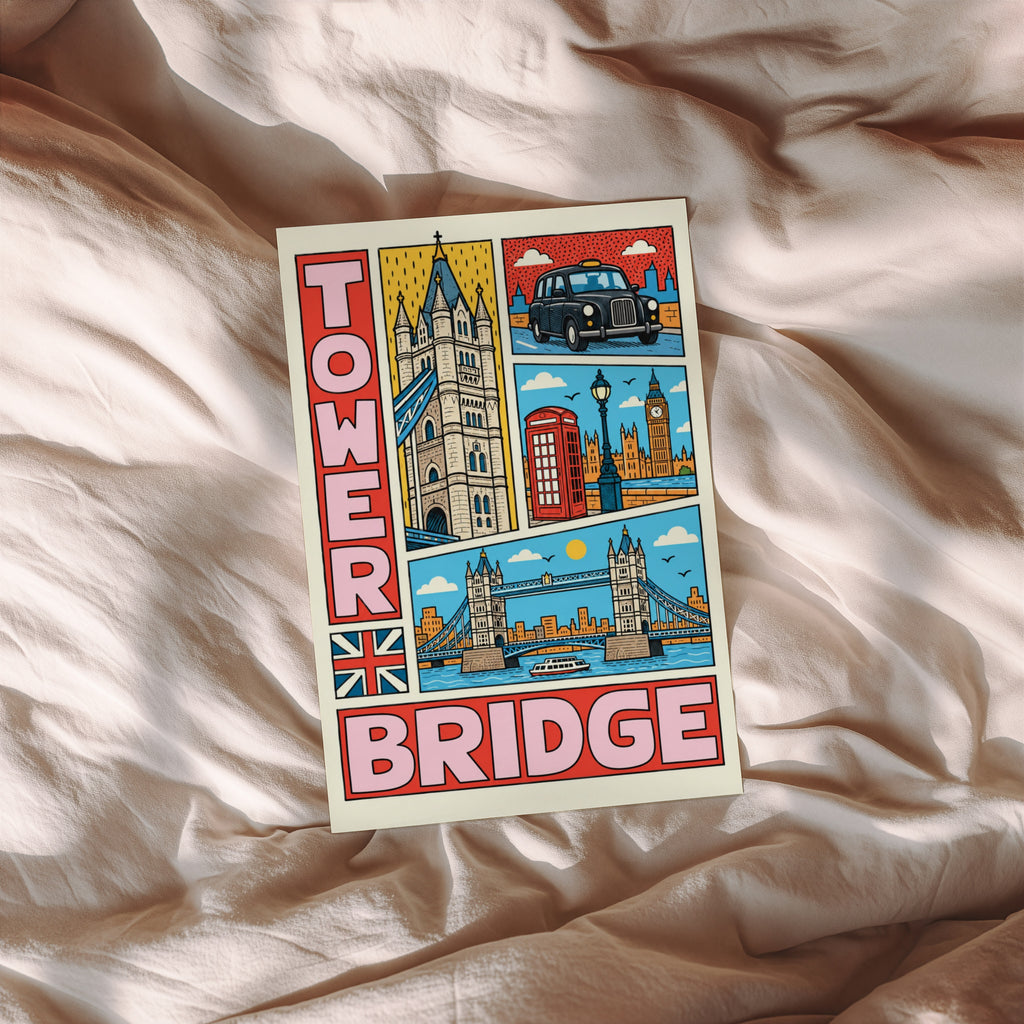 Vintage Tower Bridge London Poster, Colourful Wall Art Print