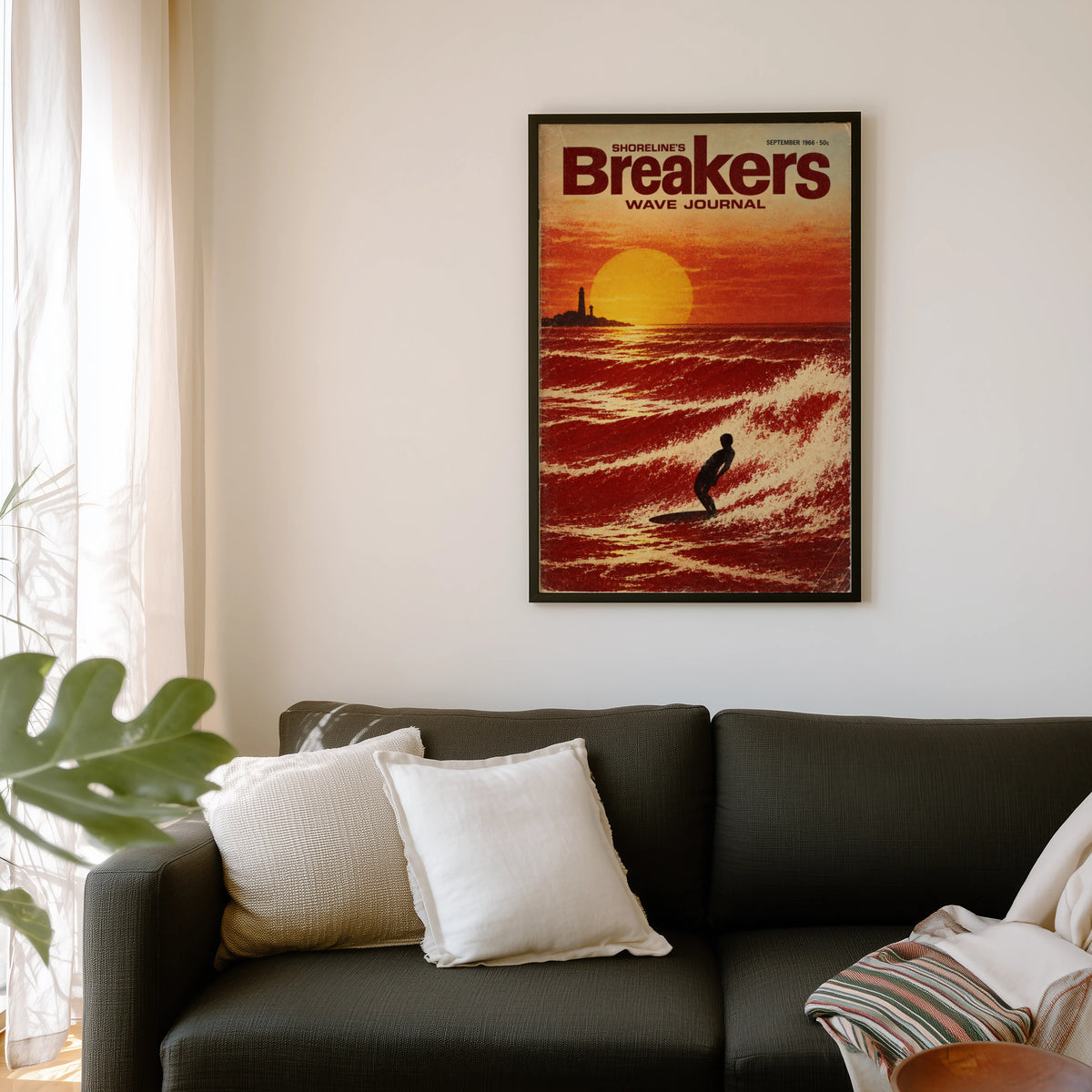 Vintage Breakers Surf Poster, Retro Sunset Wave Print