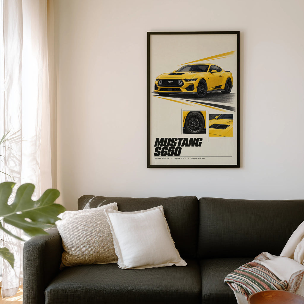 Vintage Mustang Print, Yellow Muscle Car Wall Art