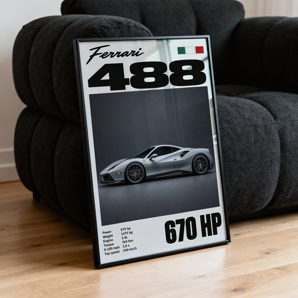 Vintage Ferrari 488 Print, Supercar Wall Art
