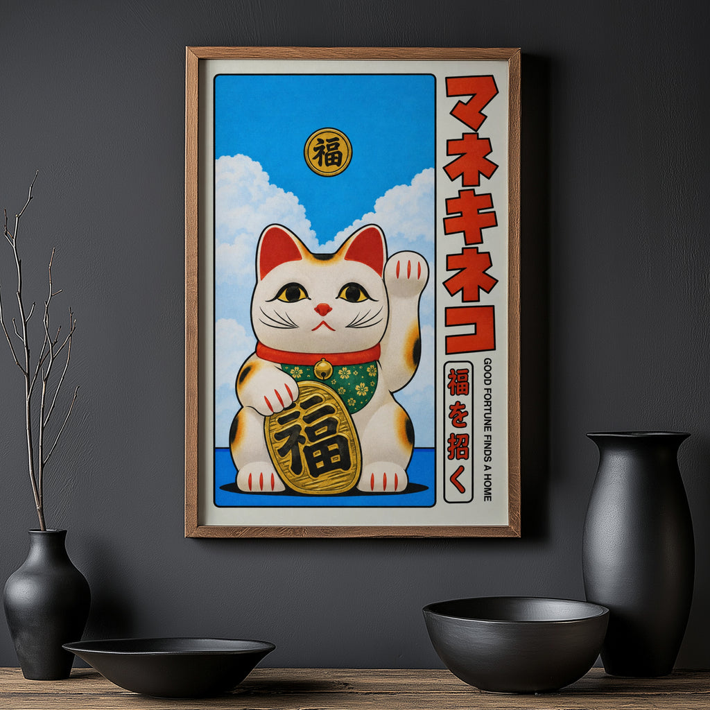 Vintage Maneki Neko Cat Print, Japanese Lucky Cat Poster
