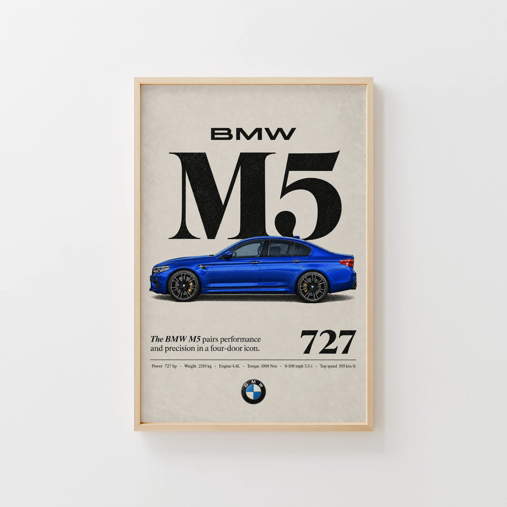 Vintage BMW M5 Print, Blue Sedan Car Wall Art
