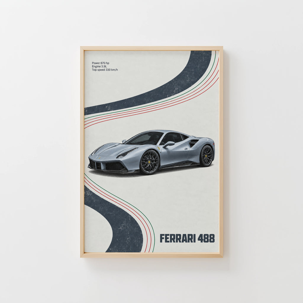 Vintage Ferrari 488 Print, Supercar Poster, Wall Art