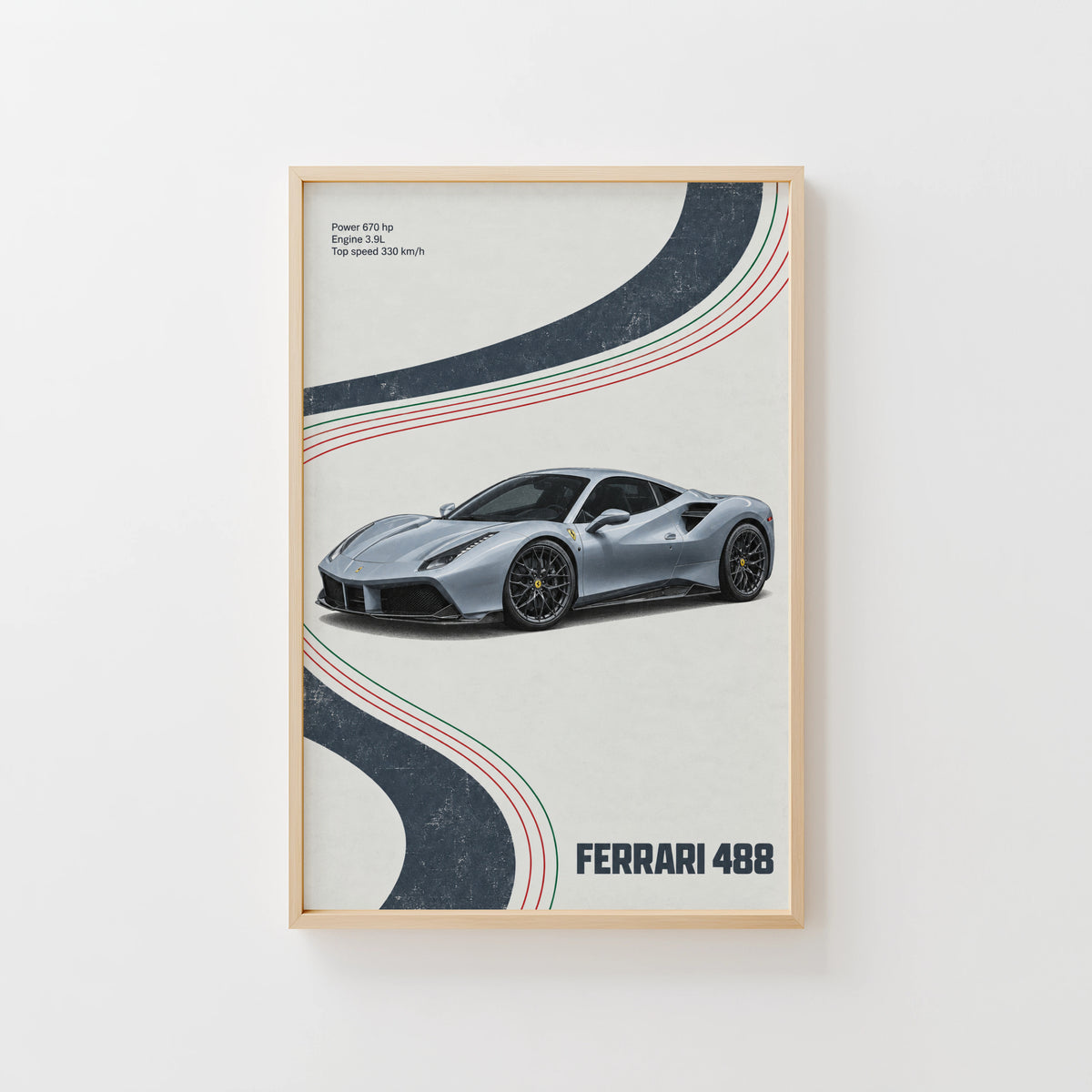 Vintage Ferrari 488 Print, Supercar Poster, Wall Art