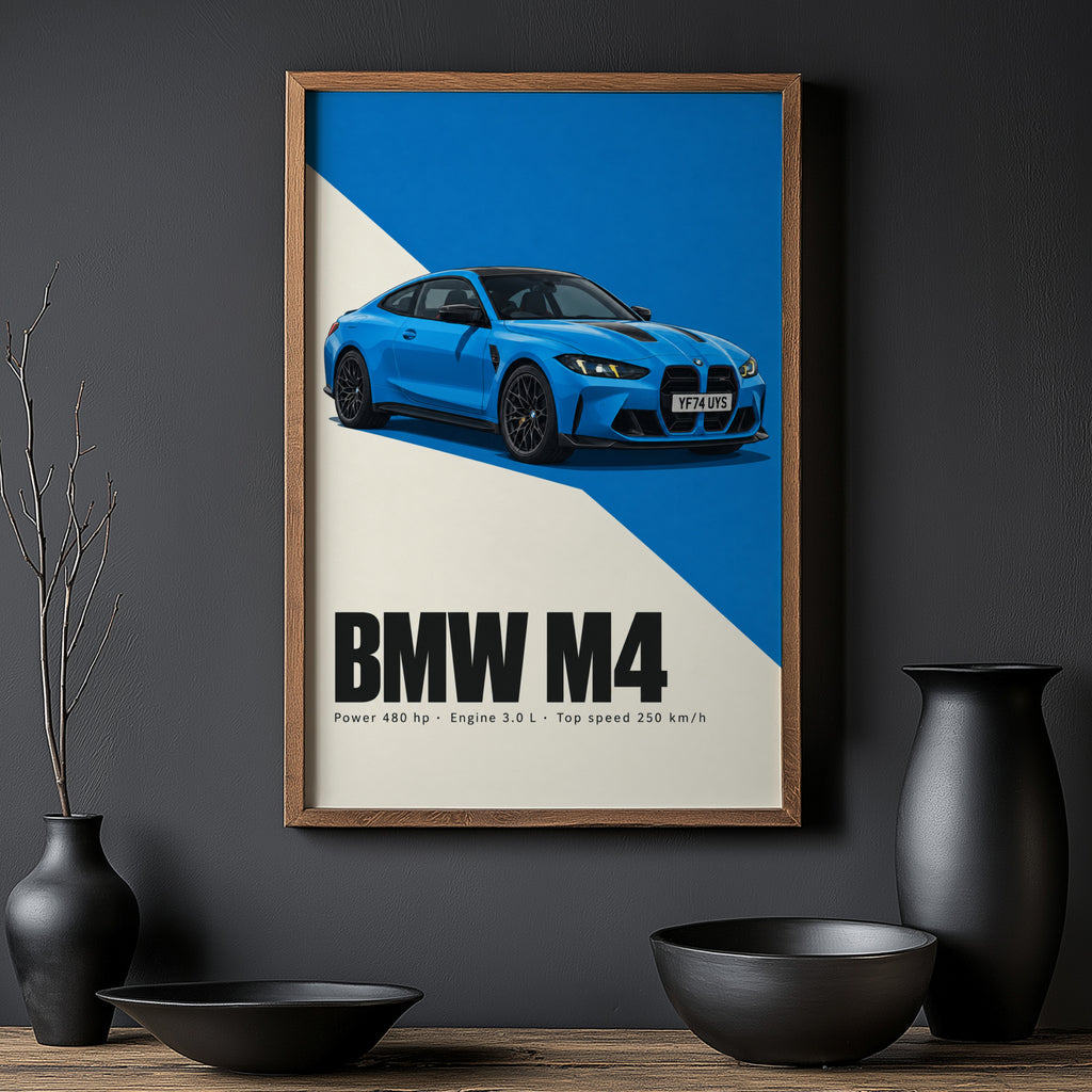 Vintage BMW M4 Print, Blue Car Wall Art