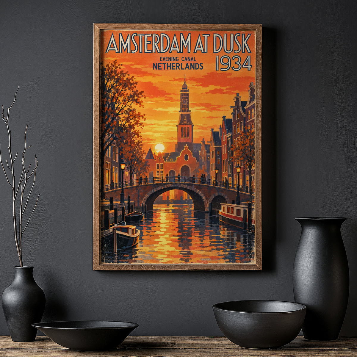 Vintage Amsterdam Poster, Canal Sunset Wall Art, Print