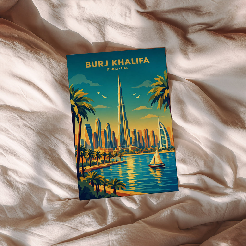 Vintage Dubai Poster, Burj Khalifa Wall Art, UAE Print