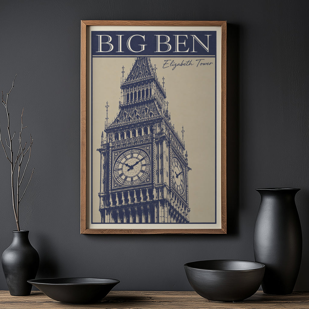 Vintage Big Ben London Poster, Navy Wall Art, Print
