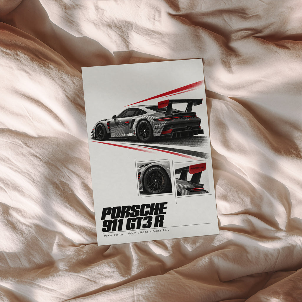 Vintage Porsche 911 GT3 R Print, Racing Car Art