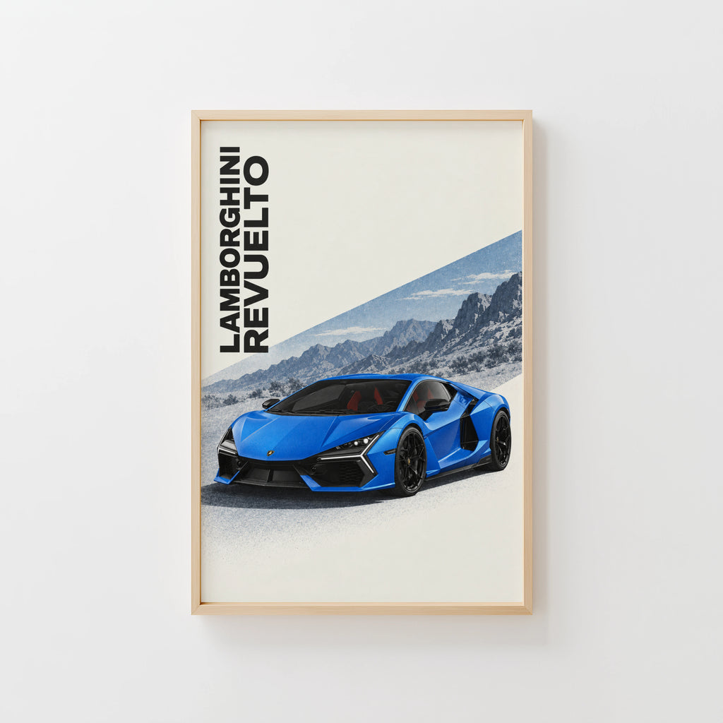 Vintage Lamborghini Revuelto Print, Blue Supercar